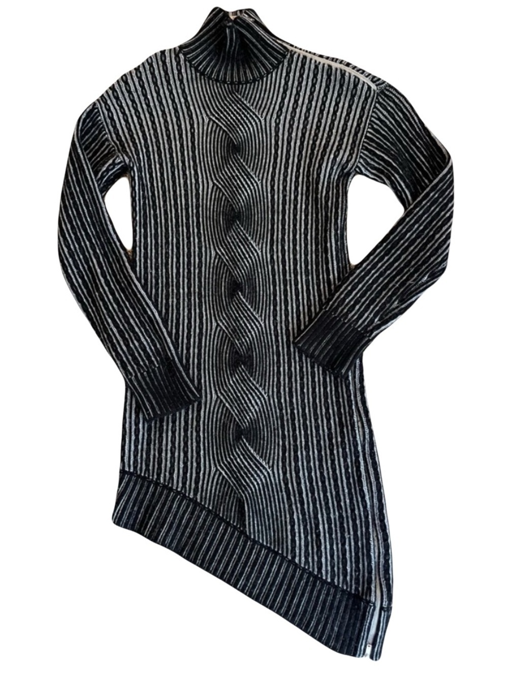 Naadam Cable Knit Turtleneck Sweater Dress Asymmetrical Hem Monochrome Modern